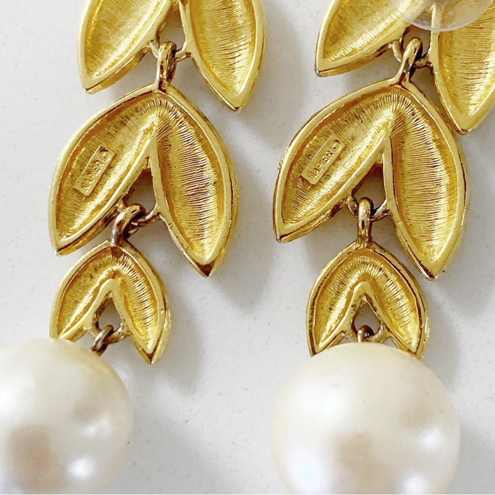 Napier Vintage Faux Pearl Gold-Tone Frosted Leaves Triple Drop Earrings - Picture 5 of 7